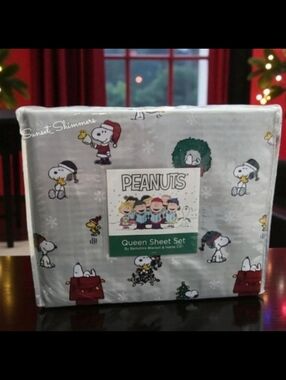 4pc Peanuts Snoopy & Woodstock Christmas Queen Bed Snowflake Sheet Set Decor NEW